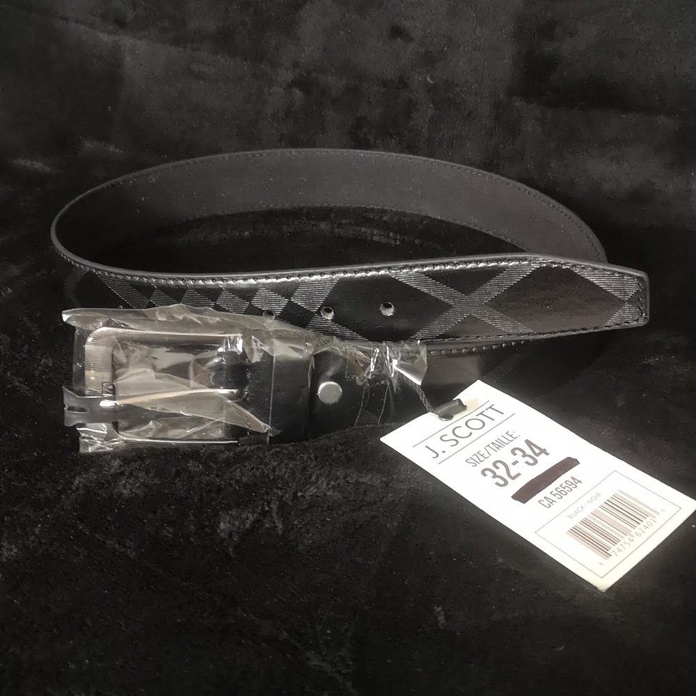 New with Tags Men's Genuine Leather Belt by J. Scott Black "Etched" Design 32-34